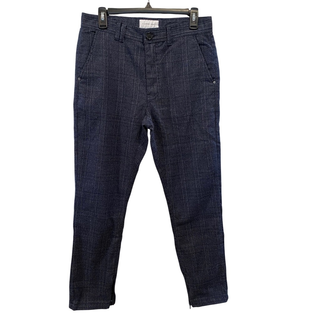 I Love Ugly Smart Zespy Pant Mens Small Navy Blue Plaid Tapered Ankle Zip